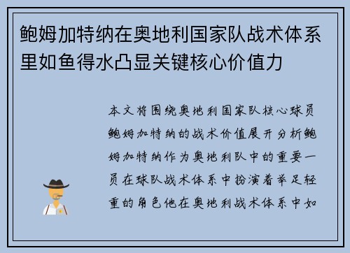 鲍姆加特纳在奥地利国家队战术体系里如鱼得水凸显关键核心价值力 鲍姆加特纳在奥地利国家队战术体系里如鱼得水凸显关键核心价值力