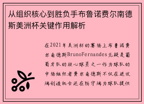 从组织核心到胜负手布鲁诺费尔南德斯美洲杯关键作用解析